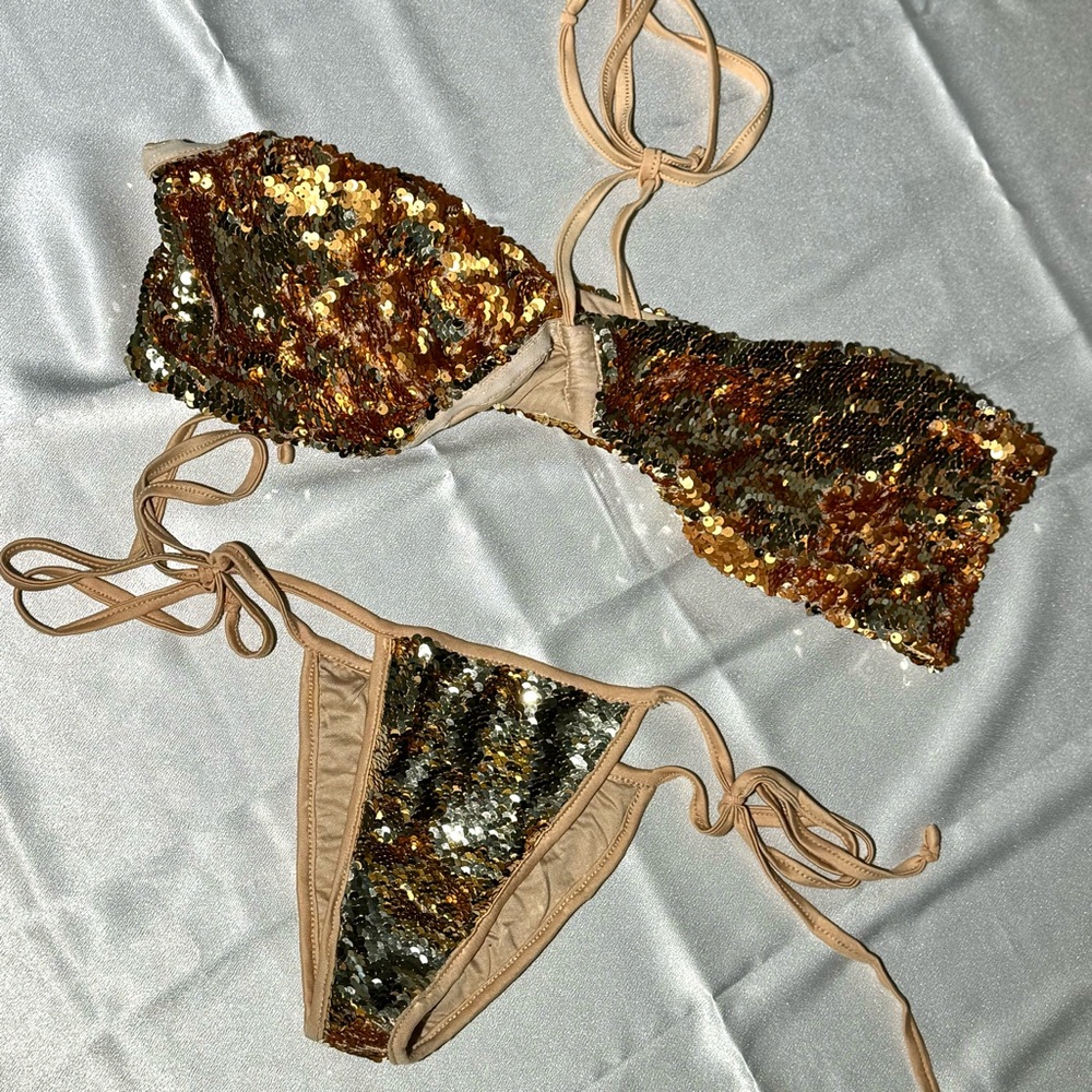 Gold & Nude Sequin OMG Miami Swimwear Bikini Size M